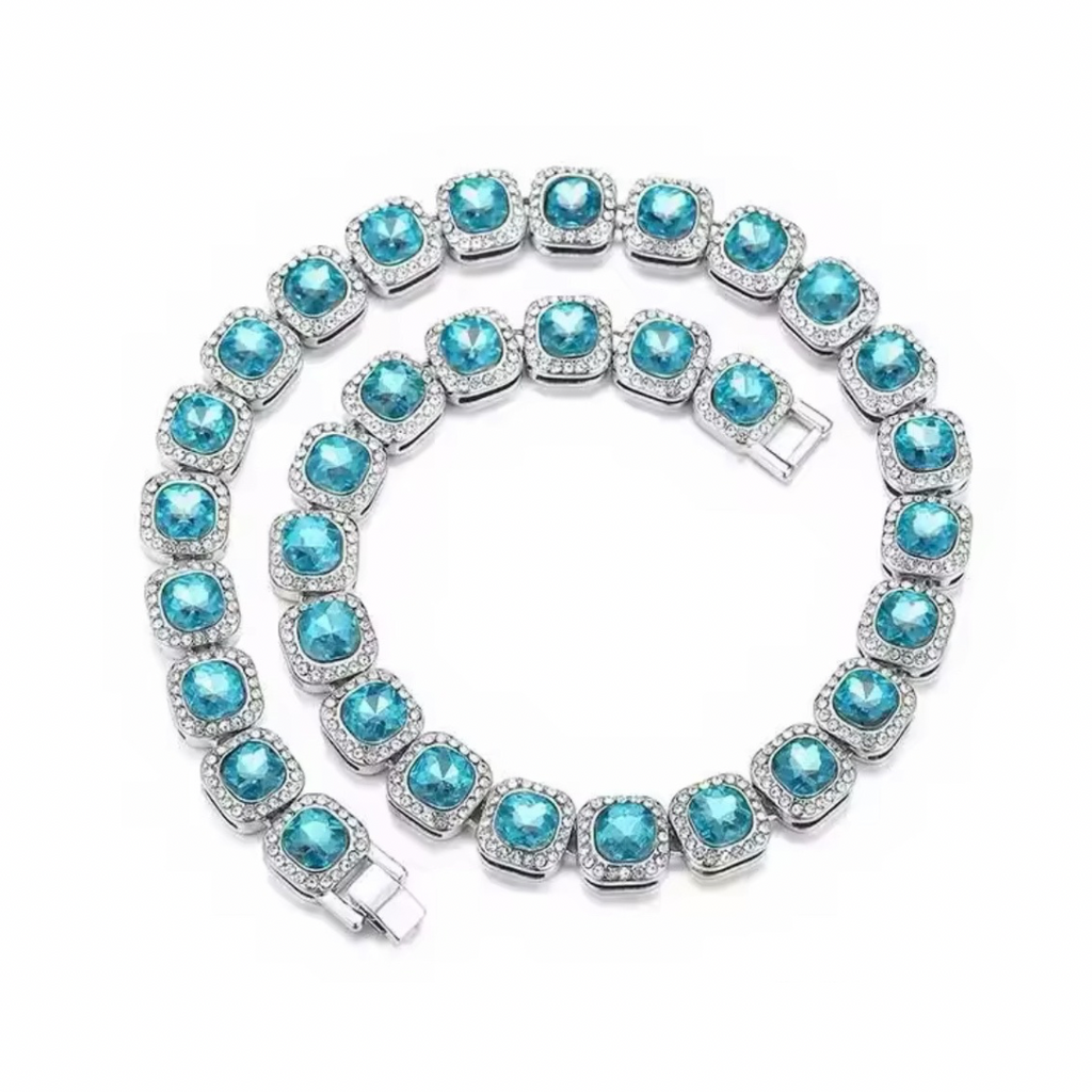 RICH BABY BLUE DIAMOND BAGUETTE CHAIN 12mm (Ön Sipariş)